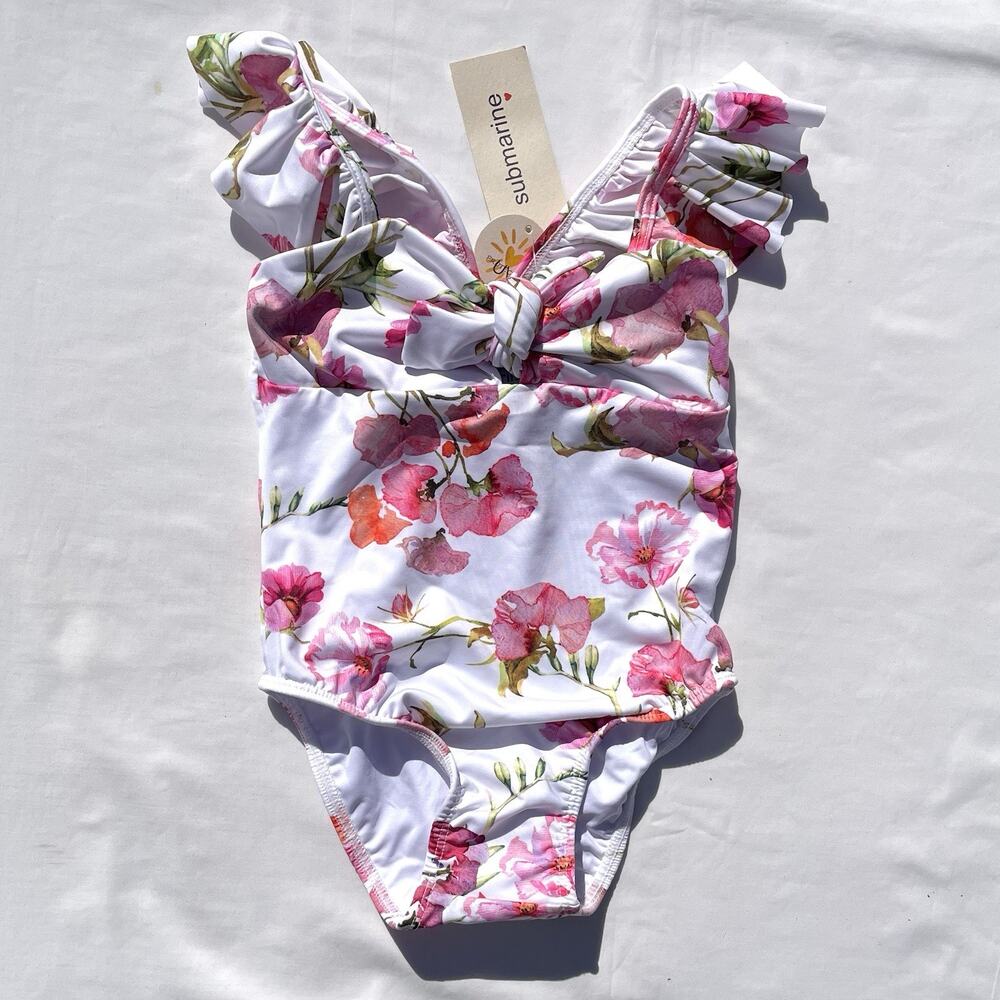 Submarine Designer One Piece Swimsuit Toddler Girls 2T Watercolor White Ruffle